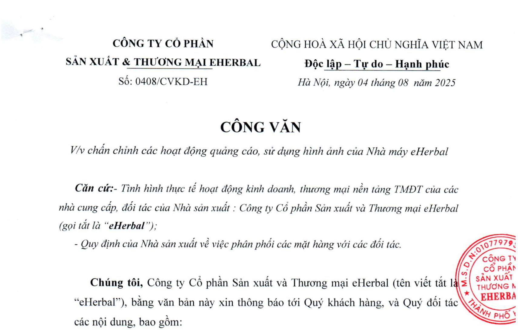 Công văn nhà máy eHerbal gửi tới toàn thể Quý khách hàng, đối tác kinh doanh