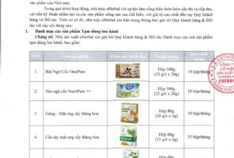 Thông báo danh mục sản phẩm sản xuất và phân phối của Nhà máy Công ty Cổ phần Sản xuất và Thương mại eHerbal