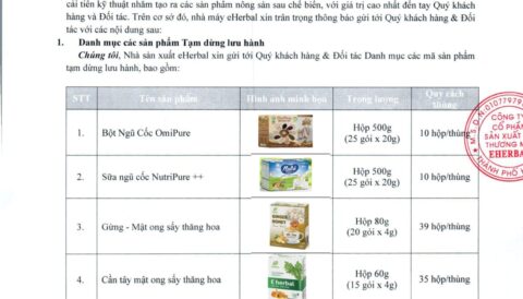 Thông báo danh mục sản phẩm sản xuất và phân phối của Nhà máy Công ty Cổ phần Sản xuất và Thương mại eHerbal
