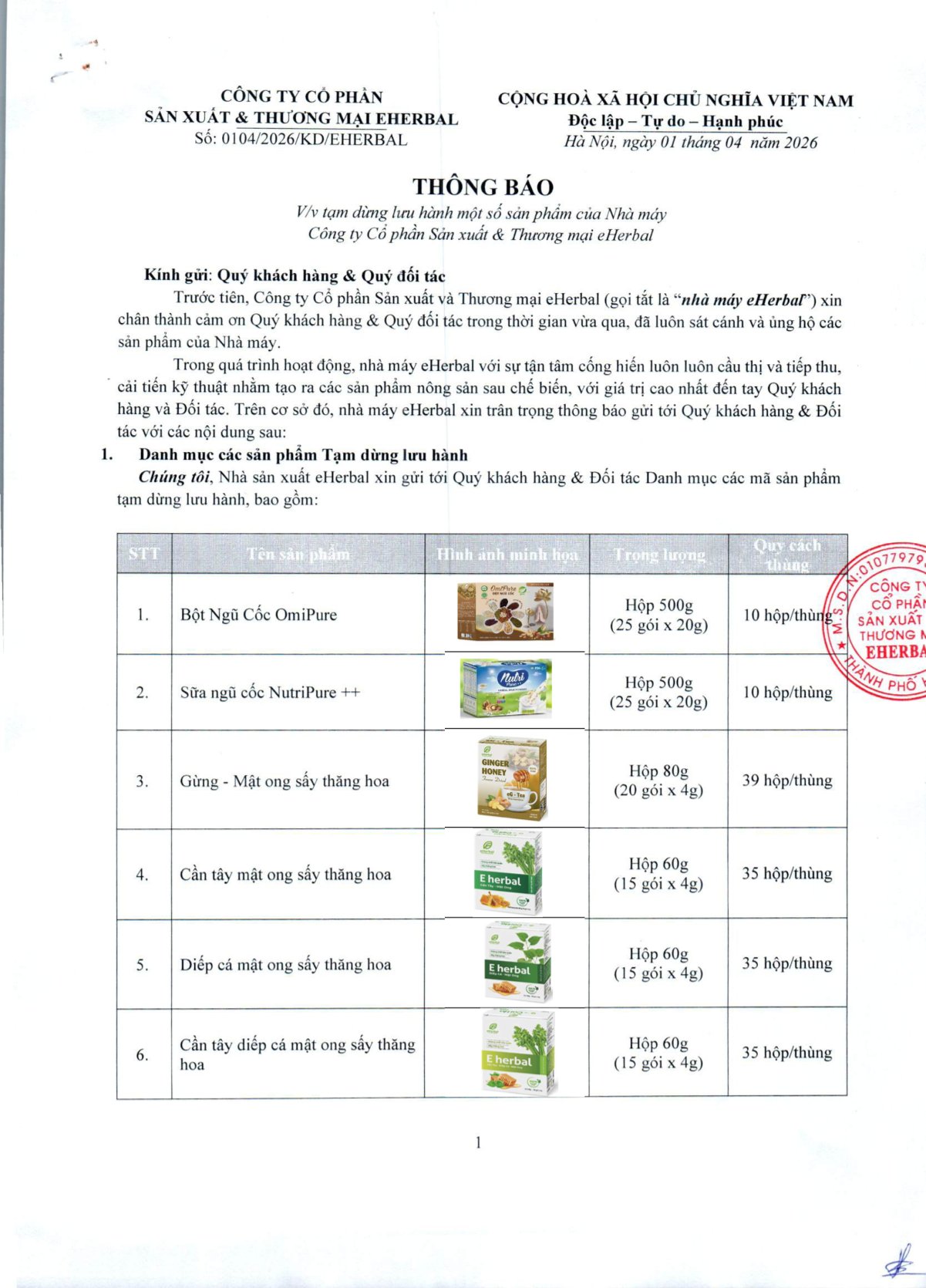 Thông báo danh mục sản phẩm sản xuất và phân phối của Nhà máy Công ty Cổ phần Sản xuất và Thương mại eHerbal